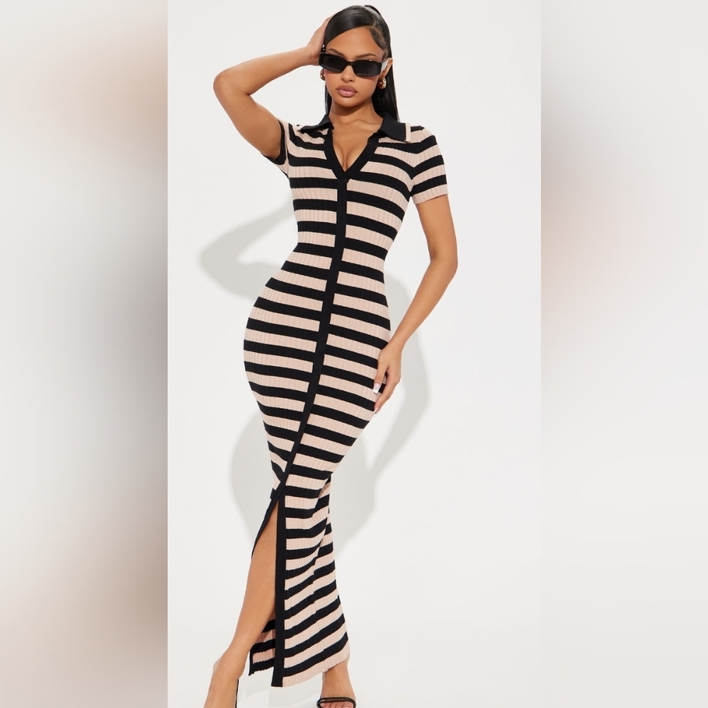 Striped Black and Tan Bodycon Dress